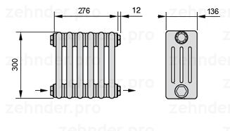 Схема (чертеж) Радиатор Zehnder Charleston 4030/6 №2670 Белый глянцевый RAL 9016